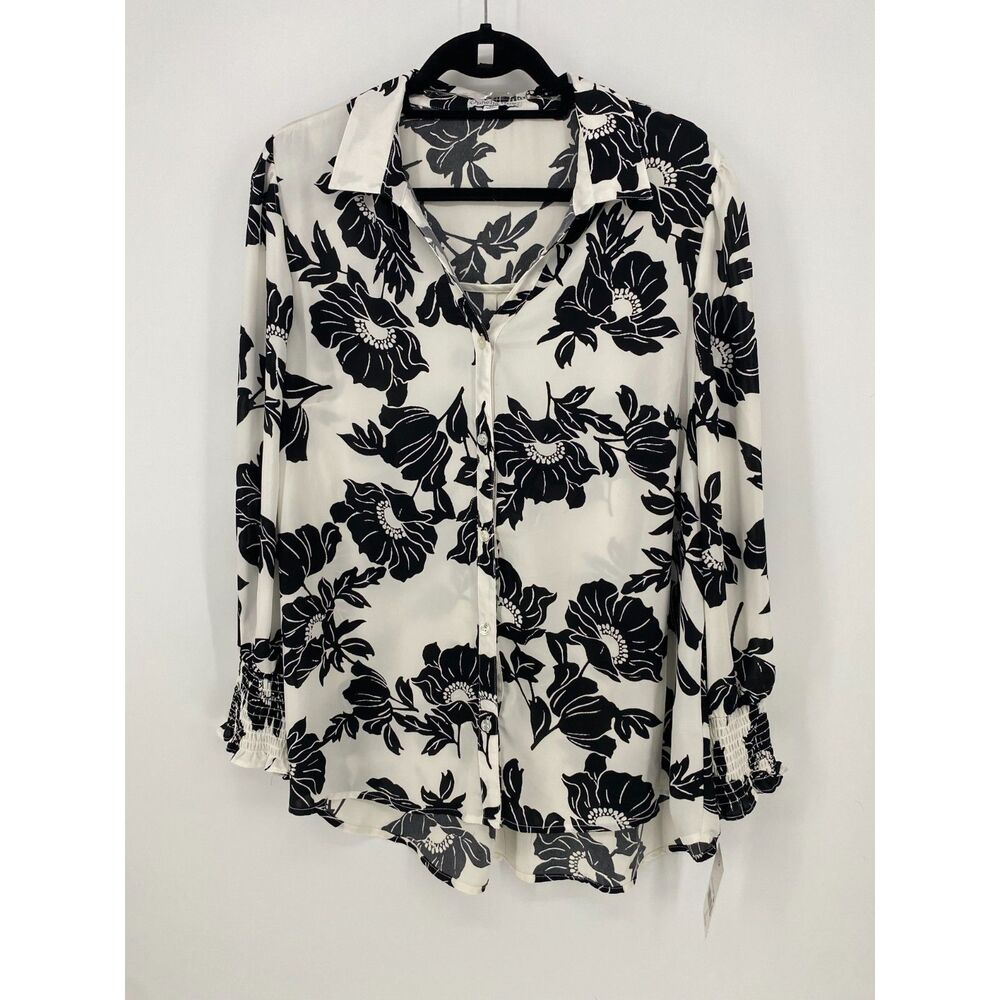 NWT  Ophelia Roe Smock Button Front Top Womens 1X Black White Floral Print